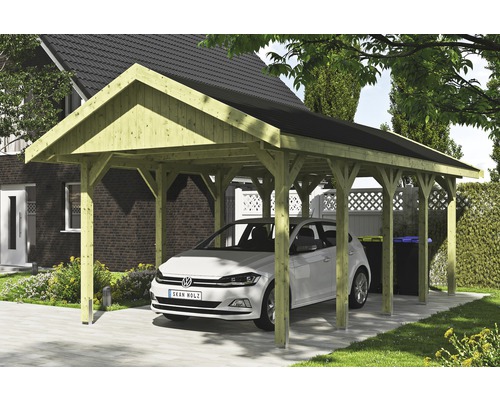 Carport simple SKAN HOLZ Wallgau avec lattes noires et ancrage pour poteaux H 380 x 750 cm imprégné