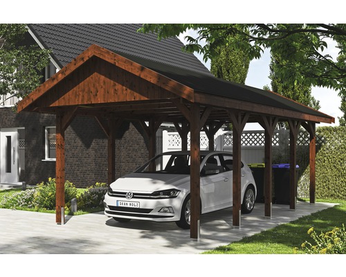 Carport simple SKAN HOLZ Wallgau avec bardeaux noirs et ancrage pour poteaux H 380 x 750 cm noyer