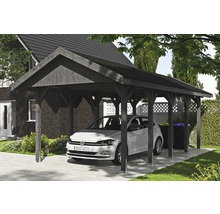 Carport simple SKAN HOLZ Wallgau avec lattes noires et ancrage pour poteaux en H 380 x 750 cm gris