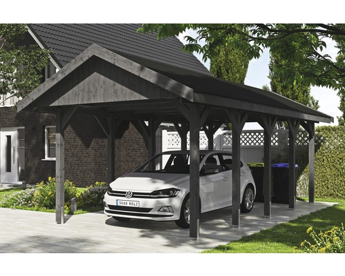 Carport simple SKAN HOLZ Wallgau avec lattes noires et ancrage pour poteaux en H 380 x 750 cm gris