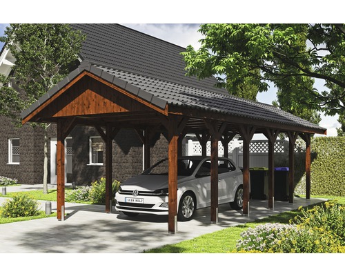 Carport simple SKAN HOLZ Wallgau avec lattis et ancrage pour poteaux en H 380 x 900 cm noyer