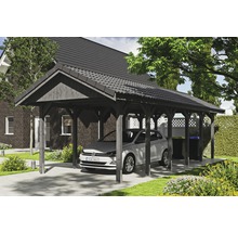 Carport simple SKAN HOLZ Wallgau avec lattis et ancrage pour poteaux en H 380 x 900 cm gris
