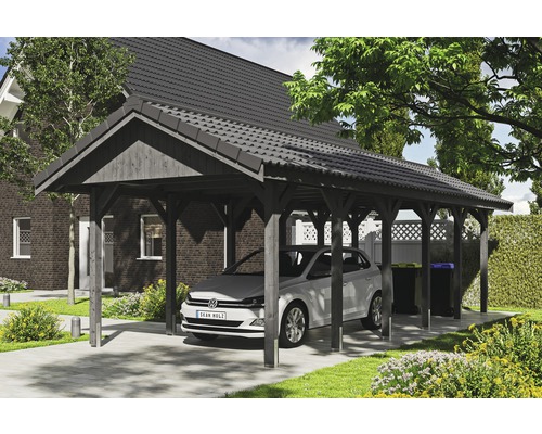 Carport simple SKAN HOLZ Wallgau avec lattis et ancrage pour poteaux en H 380 x 900 cm gris