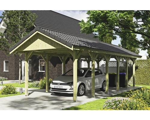 Carport simple SKAN HOLZ Wallgau avec lattis et ancrage pour poteaux en H 380 x 900 cm imprégné