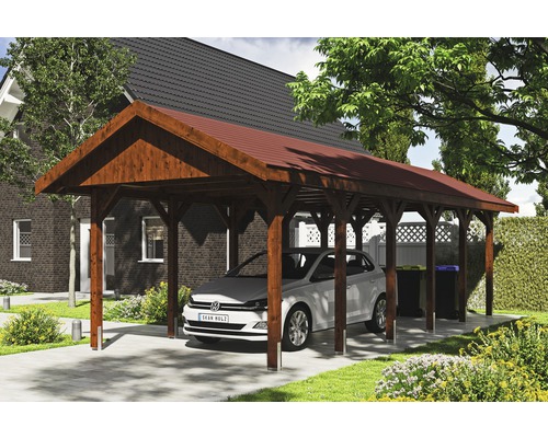 Carport simple SKAN HOLZ Wallgau avec lattes rouges et ancrage pour poteaux en H 380 x 900 cm noyer