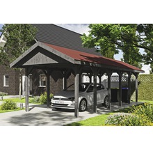 Carport simple SKAN HOLZ Wallgau avec lattes rouges et ancrage pour poteaux en H 380 x 900 cm gris