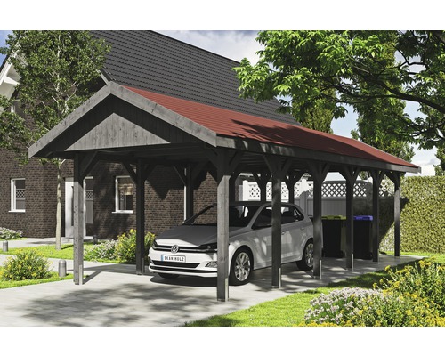 Carport simple SKAN HOLZ Wallgau avec lattes rouges et ancrage pour poteaux en H 380 x 900 cm gris