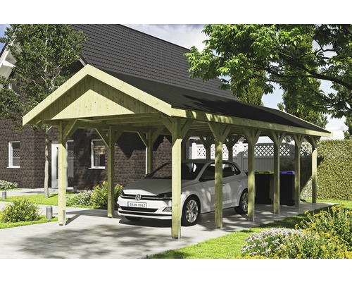 Carport simple SKAN HOLZ Wallgau avec lattes noires et ancrage pour poteaux en H 380 x 900 cm imprégné