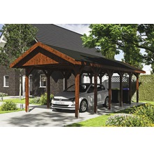 Holz Carport mit Auto vor Haus