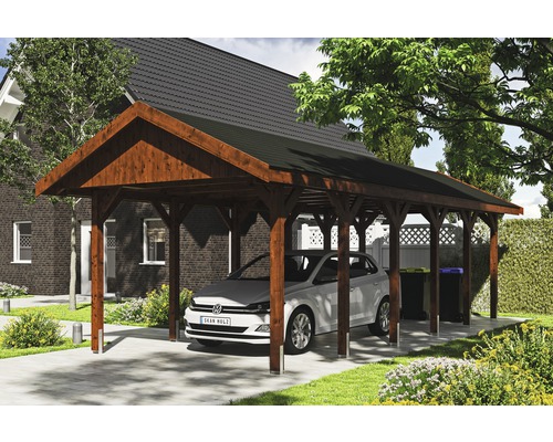 Carport simple SKAN HOLZ Wallgau avec lattes noires et ancrage pour poteaux en H 380 x 900 cm noyer