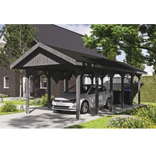 Carport simple SKAN HOLZ Wallgau avec lattes noires et ancrage pour poteaux en H 380 x 900 cm gris