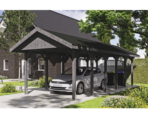 Carport simple SKAN HOLZ Wallgau avec lattes noires et ancrage pour poteaux en H 380 x 900 cm gris