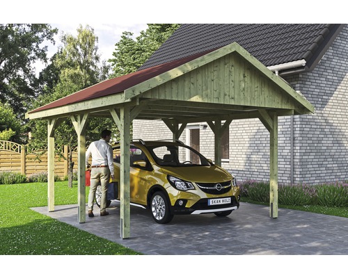 Carport simple SKAN HOLZ Wallgau avec lattes rouges et ancrage pour poteaux en H 430 x 500 cm imprégné