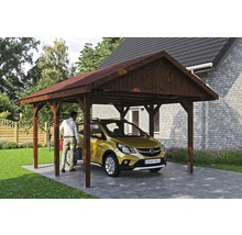 Carport simple SKAN HOLZ Wallgau avec lattes rouges et ancrage pour poteaux en H 430 x 500 cm noyer