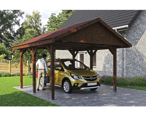 Carport simple SKAN HOLZ Wallgau avec lattes rouges et ancrage pour poteaux en H 430 x 500 cm noyer