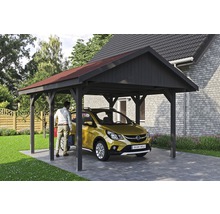 Carport aus Holz mit Auto und Person
