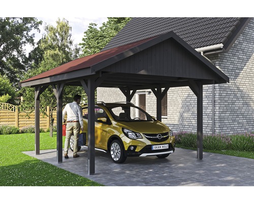 Carport simple SKAN HOLZ Wallgau avec lattes rouges et ancrage pour poteaux en H 430 x 500 cm gris