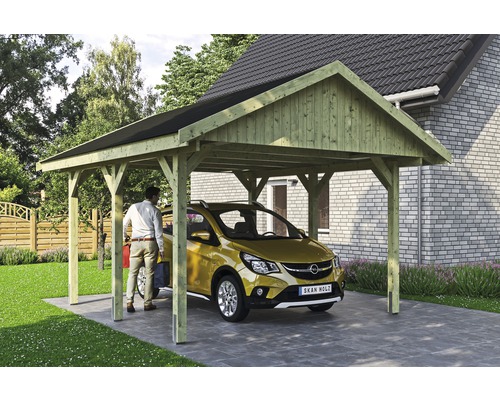 Carport simple SKAN HOLZ Wallgau avec lattes noires et ancrage pour poteaux en H 430 x 500 cm imprégné