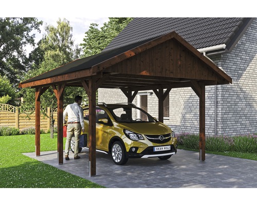 Carport simple SKAN HOLZ Wallgau avec lattes noires et ancrage pour poteaux en H 430 x 500 cm noyer