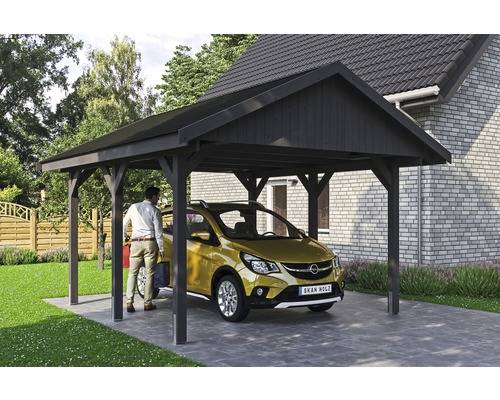 Carport simple SKAN HOLZ Wallgau avec lattes noires et ancrage pour poteaux en H 430 x 500 cm gris