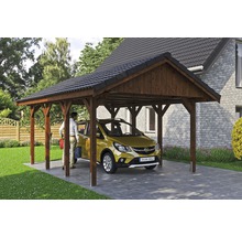 Carport simple SKAN HOLZ Wallgau avec lattis et ancrage pour poteaux en H 430 x 600 cm noyer