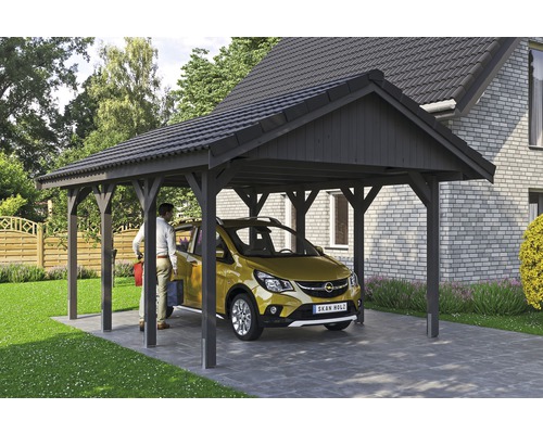 Carport simple SKAN HOLZ Wallgau avec lattis et ancrage pour poteaux en H 430 x 600 cm gris