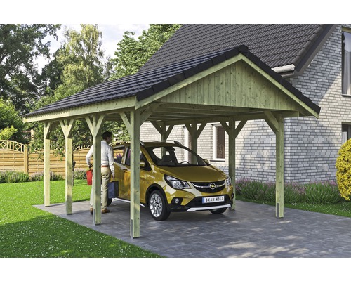 Carport simple SKAN HOLZ Wallgau avec lattis et ancrage pour poteaux en H 430 x 600 cm imprégné