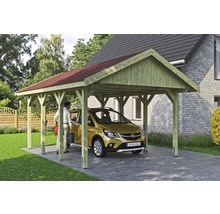 Carport simple SKAN HOLZ Wallgau avec lattes rouges et ancrage pour poteaux en H 430 x 600 cm imprégné