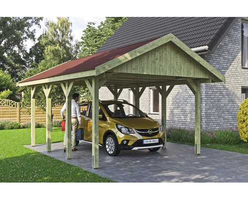 Carport simple SKAN HOLZ Wallgau avec lattes rouges et ancrage pour poteaux en H 430 x 600 cm imprégné