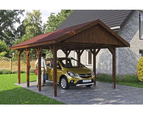 Carport simple SKAN HOLZ Wallgau avec lattes rouges et ancrage pour poteaux en H 430 x 600 cm noyer