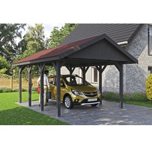 Carport simple SKAN HOLZ Wallgau avec lattes rouges et ancrage pour poteaux en H 430 x 600 cm gris