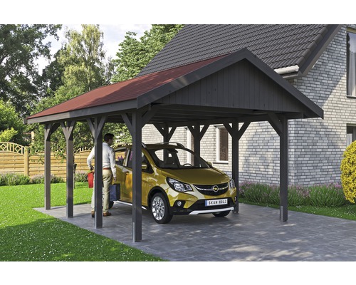 Carport simple SKAN HOLZ Wallgau avec lattes rouges et ancrage pour poteaux en H 430 x 600 cm gris