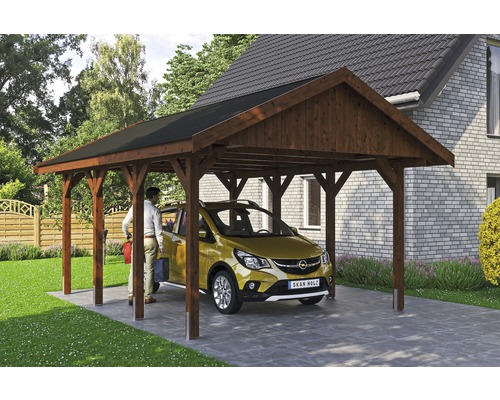 Carport simple SKAN HOLZ Wallgau avec lattes noires et ancrage pour poteaux en H 430 x 600 cm noyer