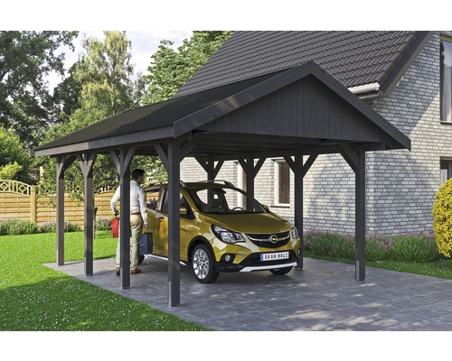 Einzelcarport SKAN HOLZ Wallgau inkl. schwarze Schindeln und H-Pfostenanker 430 x 600 cm grau