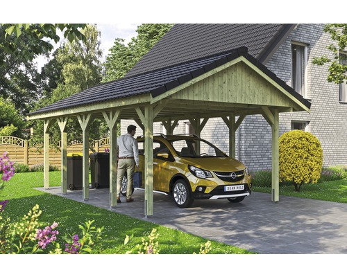 Carport simple SKAN HOLZ Wallgau avec lattis et ancrage pour poteaux en H 430 x 750 cm imprégné