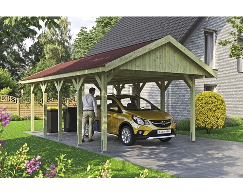 Carport simple SKAN HOLZ Wallgau avec lattes rouges et ancrage pour poteaux en H 430 x 750 cm imprégné