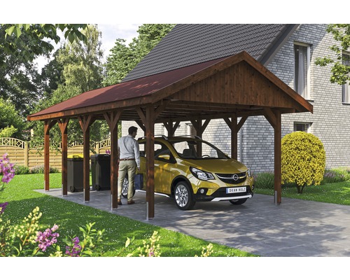 Carport simple SKAN HOLZ Wallgau avec lattes rouges et ancrage pour poteaux en H 430 x 750 cm noyer