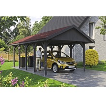 Carport simple SKAN HOLZ Wallgau avec lattes rouges et ancrage pour poteaux en H 430 x 750 cm gris