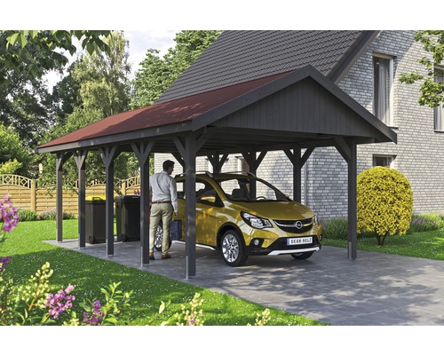 Carport simple SKAN HOLZ Wallgau avec lattes rouges et ancrage pour poteaux en H 430 x 750 cm gris