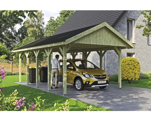 Carport simple SKAN HOLZ Wallgau avec lattes noires et ancrage pour poteaux en H 430 x 750 cm imprégné