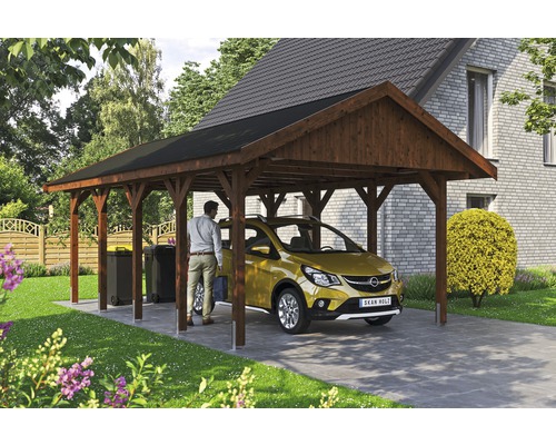 Einzelcarport SKAN HOLZ Wallgau inkl. schwarze Schindeln und H-Pfostenanker 430 x 750 cm nussbaum