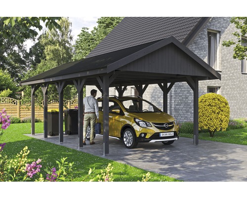 Einzelcarport SKAN HOLZ Wallgau inkl. schwarze Schindeln und H-Pfostenanker 430 x 750 cm grau