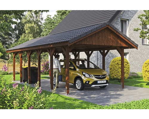 Carport simple SKAN HOLZ Wallgau avec lattis et ancrage pour poteaux en H 430 x 900 cm noyer