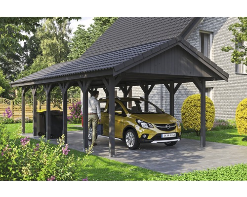 Carport simple SKAN HOLZ Wallgau avec lattis et ancrage pour poteaux en H 430 x 900 cm gris