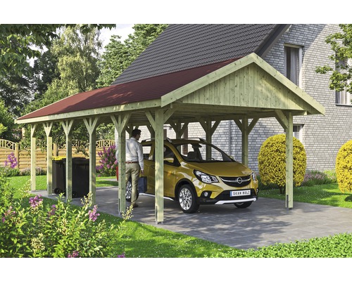 Carport simple SKAN HOLZ Wallgau avec lattes rouges et ancrage pour poteaux en H 430 x 900 cm imprégné