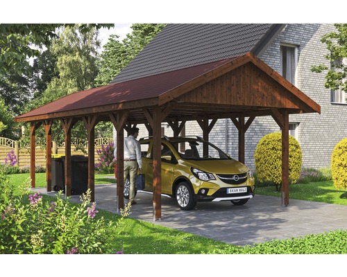 Carport simple SKAN HOLZ Wallgau avec lattes rouges et ancrage pour poteaux en H 430 x 900 cm noyer