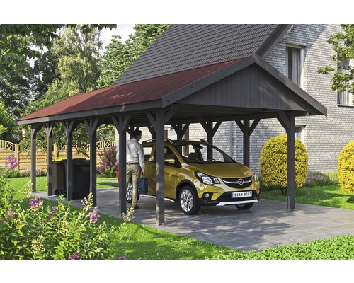 Carport simple SKAN HOLZ Wallgau avec lattes rouges et ancrage pour poteaux en H 430 x 900 cm gris