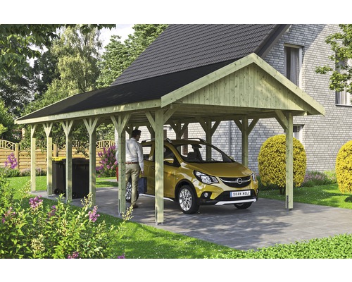 Carport simple SKAN HOLZ Wallgau avec lattes noires et ancrage pour poteaux en H 430 x 900 cm imprégné