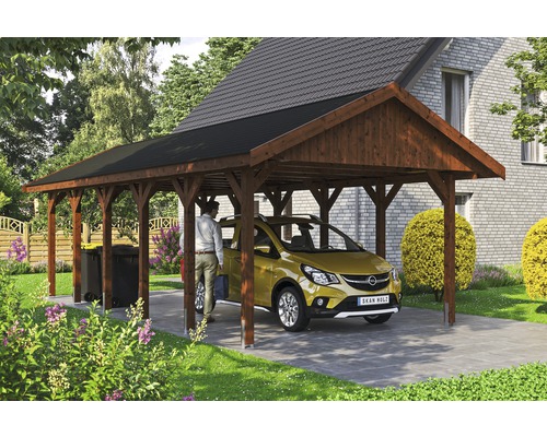 Carport simple SKAN HOLZ Wallgau avec lattes noires et ancrage pour poteaux en H 430 x 900 cm noyer