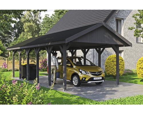 Carport simple SKAN HOLZ Wallgau avec lattes noires et ancrage pour poteaux en H 430 x 900 cm gris